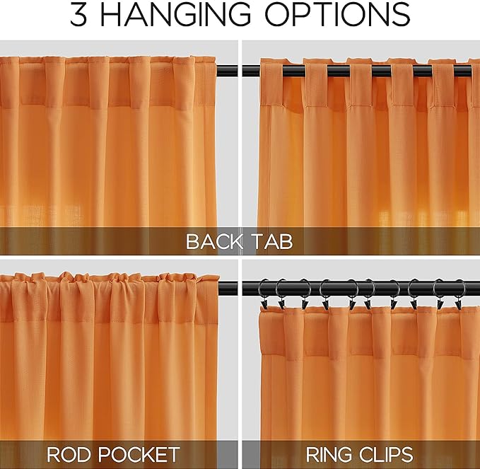 Nanspring Orange Linen Blend Drapes 84 Inch Length 2 Panels Set Back Tab Rod Pocket Light Filtering Privacy Semi Sheer Textured Curtains Neutral Farmhouse Decor Curtains for Living Room Bedroom 52x84