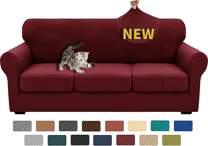 XINEAGE 2026 New 4 Pieces Couch Covers for 3 Cushion Couch Super Stretch Thick Soft Sofa Cover Anti Slip Sofa Slipcover Dogs Cats Furniture Protector (Wine Red, 71"-91")