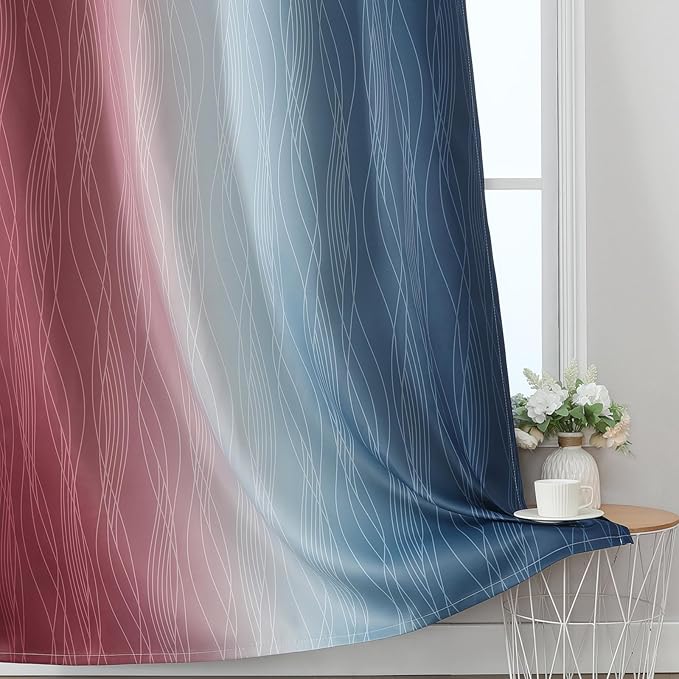 Estelar Textiler Navy Blue and Burgundy Red Ombre Blackout Curtains 90 Inch Length for Living Room, Room Darkening Grommet Gradient Thermal Insulated Drapes for Bedroom,52Wx90L Inches (2 Panels)