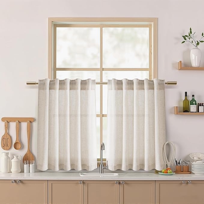 Nanspring Beige Farmhouse Curtains 30 Inch Length for Kitchen Linen Blend Semi Sheer Curtains Back Tab and Rod Pocket Rustic Farmhouse Decor for Cafe Small Window Curtain 36 x 30 Inch, 2 Panels