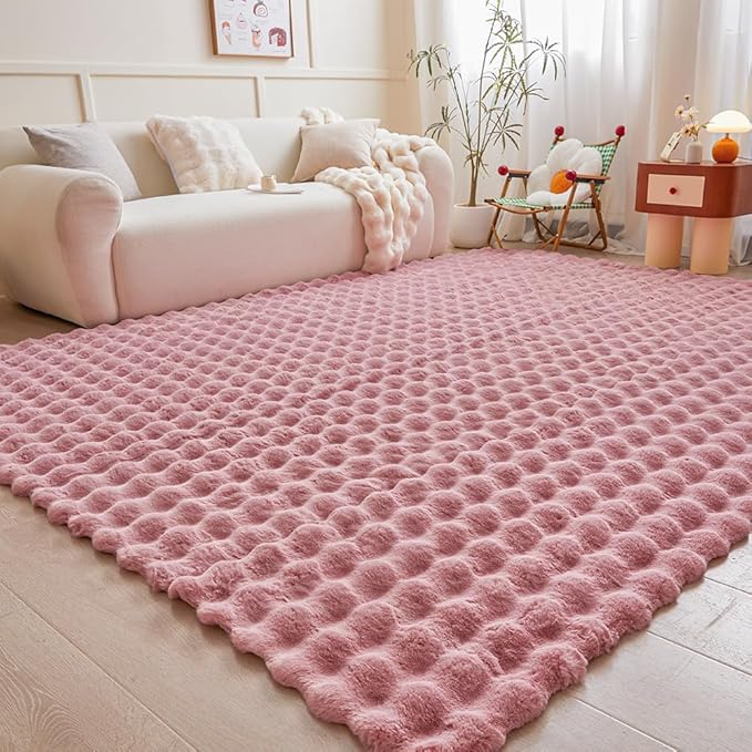 Pink Rabbit Plush Rug 8'x10', Fluffy Faux Fur Shaggy Area Rug for Nursery, Kids Room Decor, Soft Fuzzy Carpet for Living Room, Bedroom, Teen Girls Room