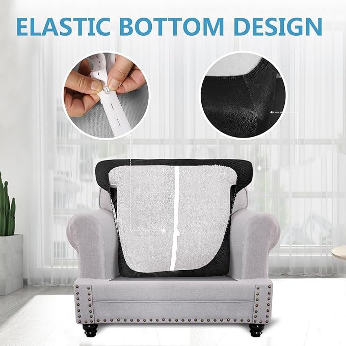 Leather Look Couch Cushion Covers Sofa Seat Slipcovers Sets Couches Furniture Protector for Sectional Armchair Loveseat Pets Kids Stretch Spandex Fabric (1 T-Cushion Armchair, Black)