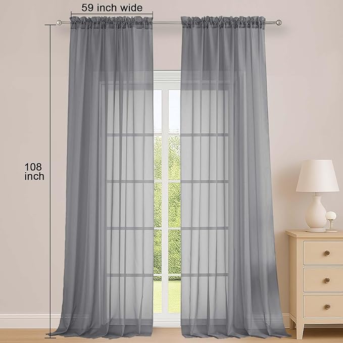 OWENIE Sheer Grey Curtains 108 Inches Long for Living Room Bedroom 2 Panels Set, Lightweight Airy Grey Sheer Curtain, Filmy Voile Rod Pocket, 2 PCS, Each 59" W x 108" L