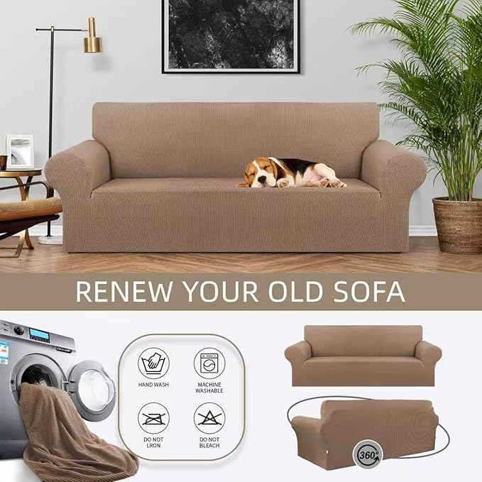 KEKUOU Stretch Sofa Cover Slipcover ，Couch Covers for 3 Cushion Couch Sofa pet Friendly (78"-94") Furniture Protector Sofa with Elastic Bottom for Kids,Dog, Jacquard Small Checked(Large,Camel)