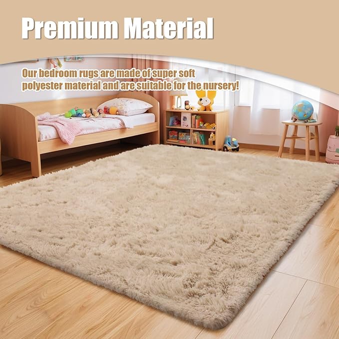 Ultra Soft Fluffy Area Rugs for Bedroom Living Room 10x14, Nursery Rug, Non-Slip Carpet for Kids Dorms Decor, Shaggy Bedside Rug, Beige