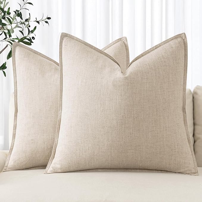 MIULEE Decorative Linen Pillow Covers 16x16 Inch Natural Beige Boho Farmhouse Neutral Couch Throw Pillows for Bed Pack of 2 Accent Modern Pillowcase Sofa Livingroom Home Decor
