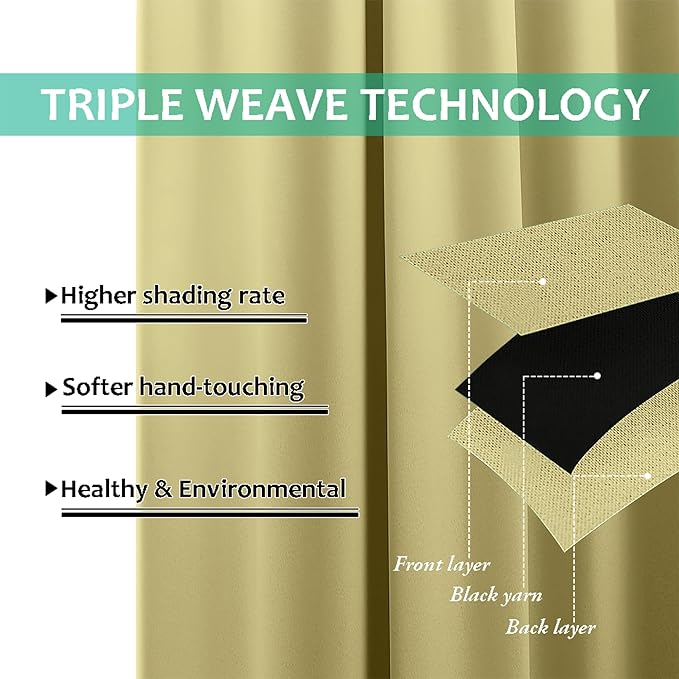 NICETOWN 100% Blackout Blinds, Set of 2, 46 inches x 45 inches, Laundry Room Decor Window Treatment Curtains for Large Patio Sliding Door, Thermal Insulated Paler Yellow Curtains for Bedroom