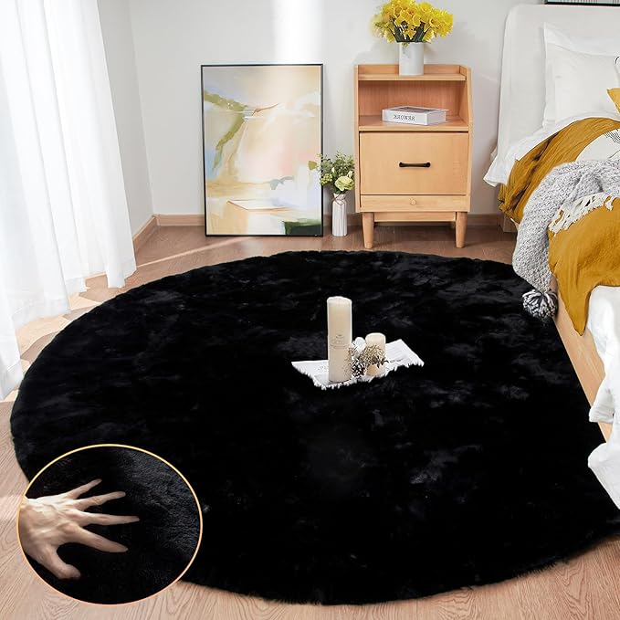 ORINOVA Black Round Rugs 8ft Machine Washable Rabbit Fur Area Rug Large Circle Rugs for Bedroom Faux Sheepskin Rug Cushion Living Room Décor
