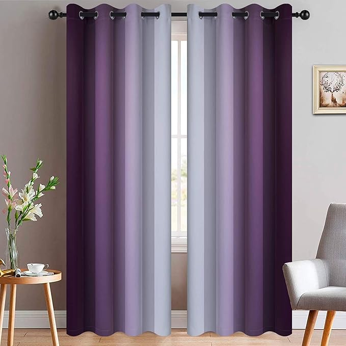 Yakamok Room Darkening Ombre Curtains 84 Inch Length, Purple and Greyish White Thermal Insulated Gradient Color Curtains,Light Blocking Grommet Window Drapes for Bedroom,52 Inch Width,2 Panels