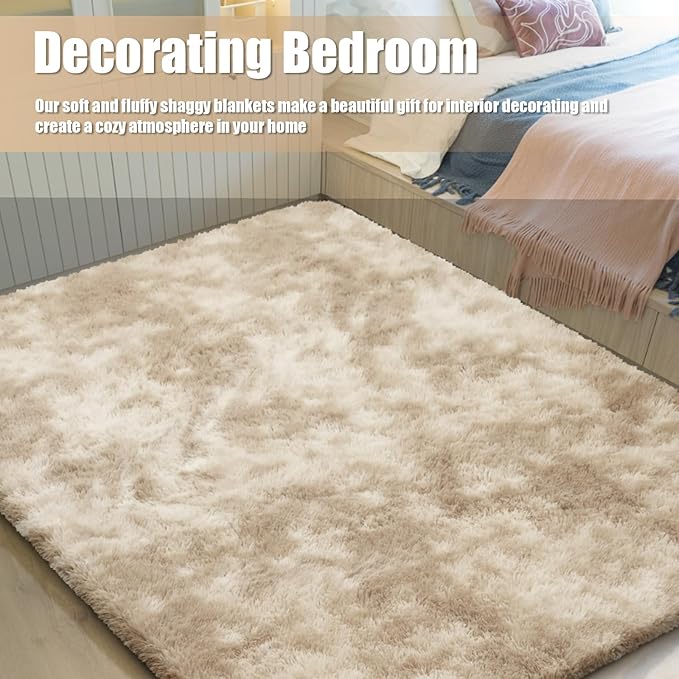 9x12 Fluffy Area Rugs for Living Room,Large Fuzzy Shag Area Rug for Bedroom,Soft Non-Shedding Indoor Plush Carpet for Kids Nursery Home Decor,Tie-Dyed Beige