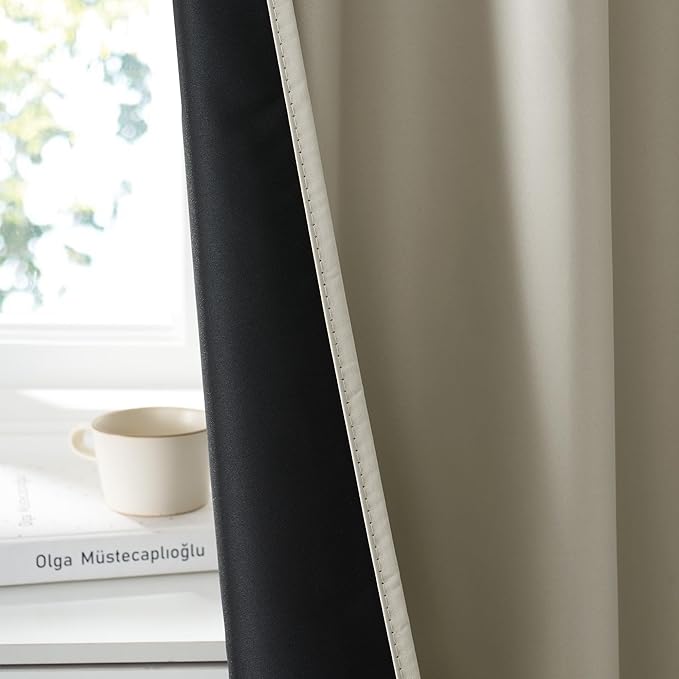 RYB HOME Bedroom Blackout Curtains 63 inches Long, 100% Blackout Thermal Insulated Noise Reducing Curtains for Living Room Nursury, 42 inches Wide by 63 inches Long, Natural