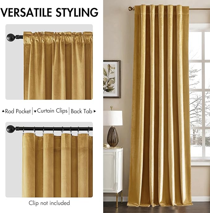 MIULEE Velvet Curtains 108 inches - Luxury Blackout Curtains for Bedroom Living Room Thermal Insulated Super Soft Window Drapes Rod Pocket & Back Tab, Golden, W52 x L108 inches, 2 Panels