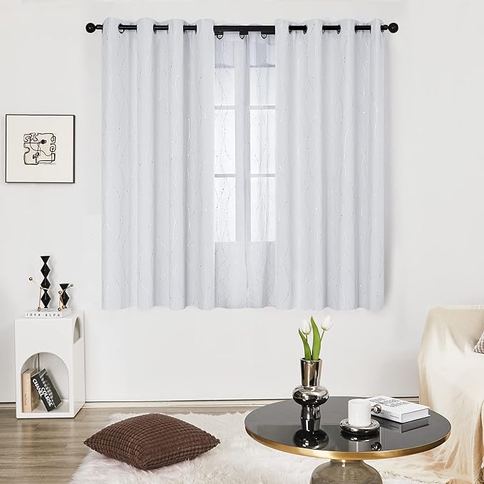 Deconovo Kitchen Curtains, Room Darkening Drapes, Thermal Insulated Soundproof Grommet Drape, Silver Wave Dots Print, 52 x 45 Inch, Machine Washable Window Panels for Small Windows Nursery, Set of 2