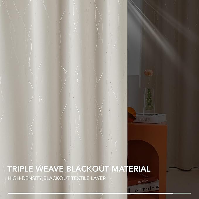 Deconovo Beige Curtains for Living Room, Room Darkening Soundproof Drapes with Wave Dots Silver Print, 42 x 72 Inch Long, Grommet Top, Set of 2 Window Panels for Living Room Bedroom Office Nursery