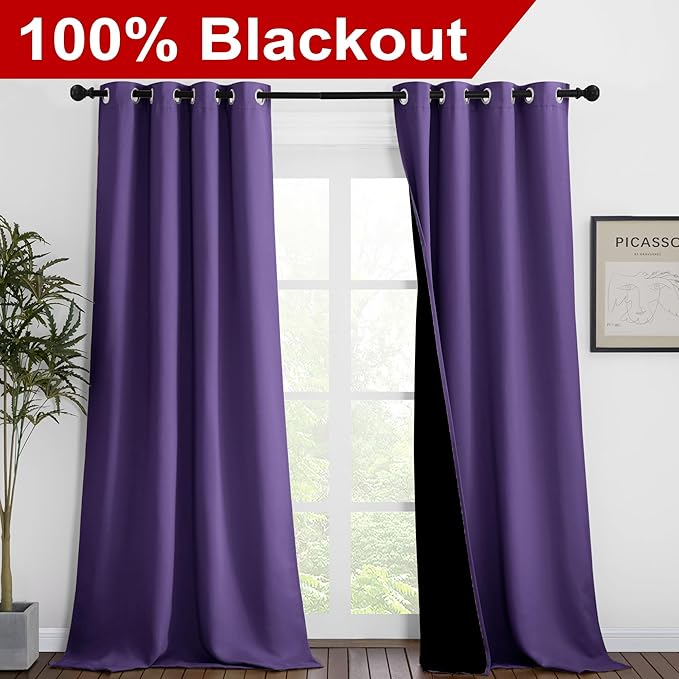NICETOWN 100% Blackout Blinds, Set of 2, 46 inches x 102 inches, Laundry Room Decor Window Treatment Curtains for Large Patio Sliding Door, Thermal Insulated Lilac Purple Curtains for Bedroom