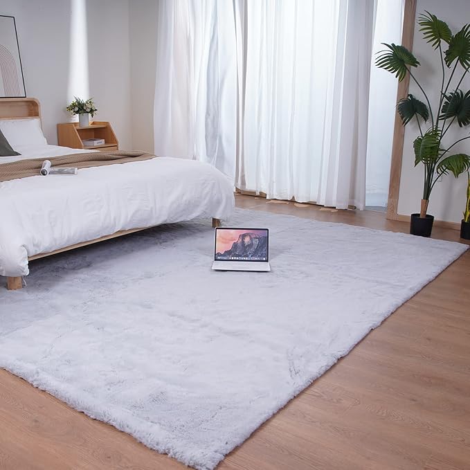 Ghouse Ultra Soft Faux Rabbit Fur Rug 6x9, Machine Washable Area Rugs for Bedroom Fluffy Rugs for Living Room, no-Shedding Carpet Sheepskin Rug Grey