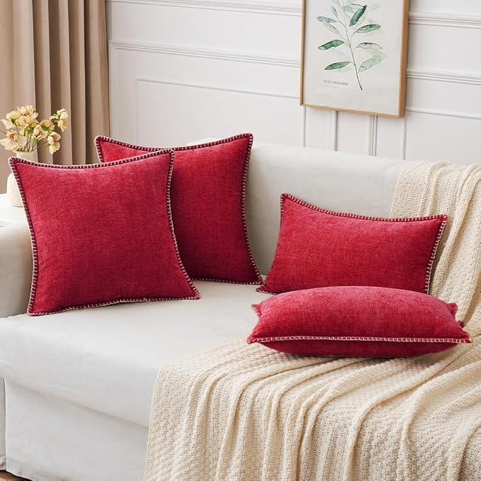 MIULEE Pack of 2 Christmas Pillow Covers 24x24 Inch Red Farmhouse Decorative Throw Pillow Covers with Stitched Edge Soft Chenille Solid Dyed Couch Pillow Covers for Sofa Bed Living Room