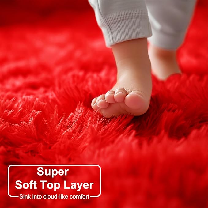 Amdrebio Red Round Rug 5Ft for Boys Bedroom, Fluffy Fuzzy Circle Area Rugs for Kids Room Decor Aesthetic, Plush Shaggy Furry Carpet for Living Room Nursery Dorm Classroom, Shag Baby Teen Christmas Rug