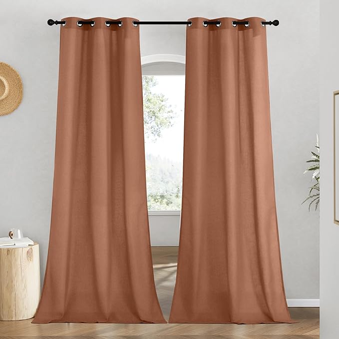 NICETOWN Caramel Linen Curtains for Kitchen, Thick Flax Small Window Treatments Semi Sheer Privacy Assured with Light Through for Cafe/Bathroom, W42 x L90, 2 Panels