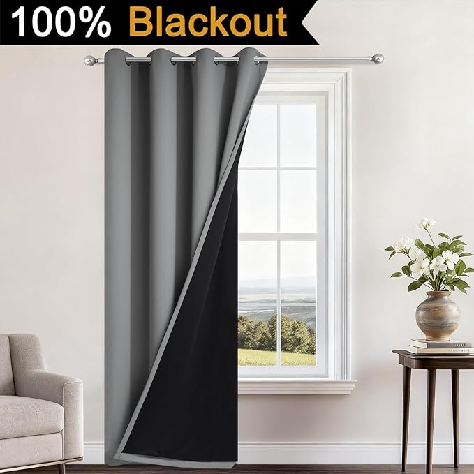 Yakamok 100% Blackout Curtains 84 Inches Long, 2 Thick Layers Heat and Full Light Blocking Soft Thermal Insulated Drapes for Bedroom(52" Wide Each Panel, Grey, 1 Panel)