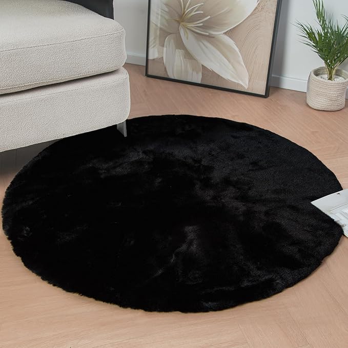 ORINOVA Black Round Plush Rugs for Bedroom Faux Bunny Fuzzy Washable Fur Area Rugs for Living Room Small Circle Nursery Rug 4ft Cute Room Décor