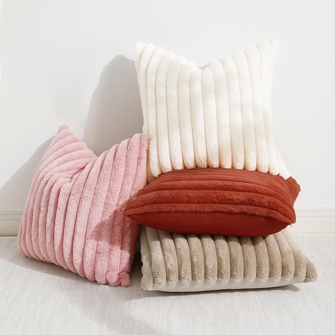 decorUhome Cozy Faux Fur Throw Pillow Covers 12x20 Set of 2 Decorative Soft Plush Striped Lumbar Modern Farmhouse Boho Couch Pillow Cases with Velvet Back for Sofa Bed Living Room, Rust