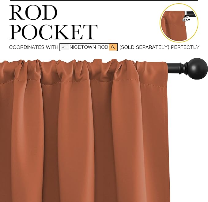 NICETOWN Blackout Curtains and Drapes - Thermal Insulated Solid Rod Pocket Blackout Draperies/Panels (Burnt Orange, 1 Pair, 34 by 63 inches)