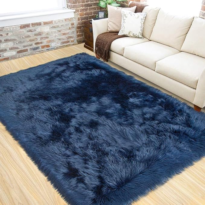 LOCHAS Soft Fluffy Faux Fur Rugs for Bedroom Bedside Rug 3x5 Feet, Washable, Furry Sheepskin Area Rug for Living Room Girls Room, Luxury Shag Carpet Home Decor, Light Navy