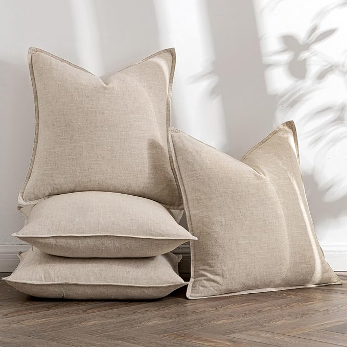 MIULEE Beige Linen Pillow Covers Pack of 4 Decorative Natural Solid Throw Pillow Covers Soft Accent Boho Farmhouse Couch Pillowcases Modern Spring Home Decors for Living Room Bed Sofa 24x24 Inch