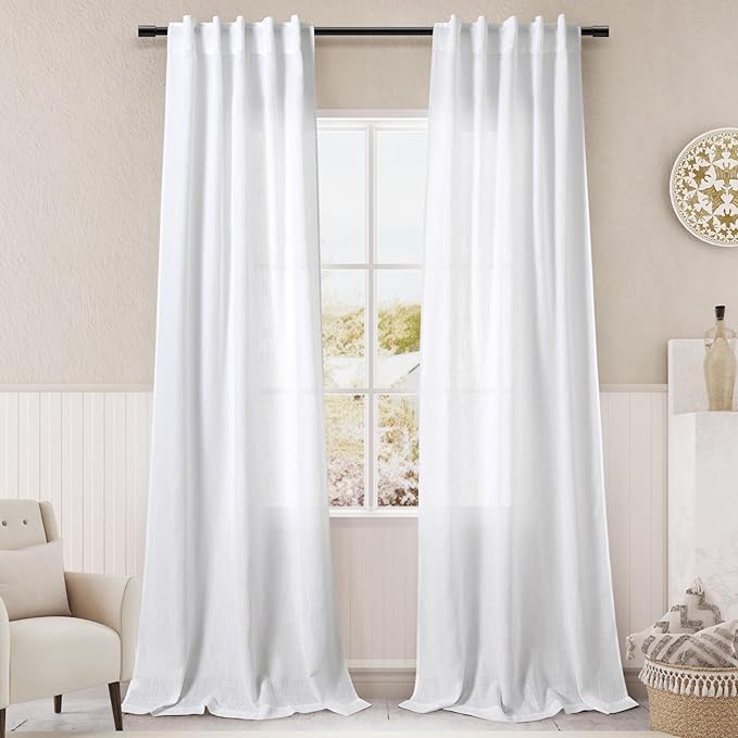 White Linen Curtains38x84 inches Long for Living Room Back Tab Light Filtering Privacy Sheer Curtain Modern Farmhouse Coastal Decor Off White Cotton Textured Narrow Window Curtains 2 Panel Set