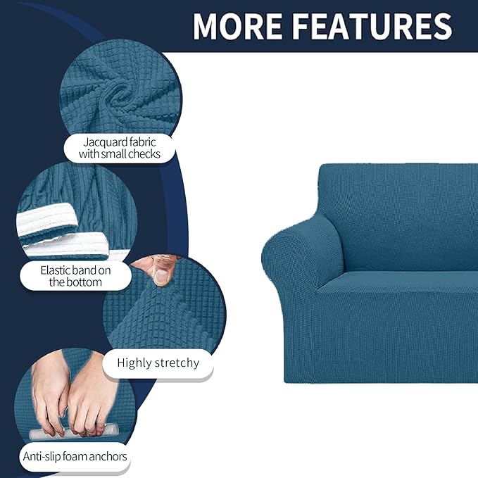 Cupuamon 2026 New Stretch Oversized Sofa Slipcovers Couch Sofa Cover for 4 Seater Furniture Protector Covers with Elastic Bottom Jacquard Fabric Small Checks for Pets, Kids - Peacock Blue