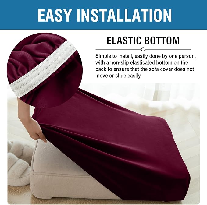 Couch Cover Stretch Velvet Sofa Cushion Cover 2-Piece - Elastic Washable Slipcover for Seat or Backrest, Couch Seat Covers for Sofas (Wine)