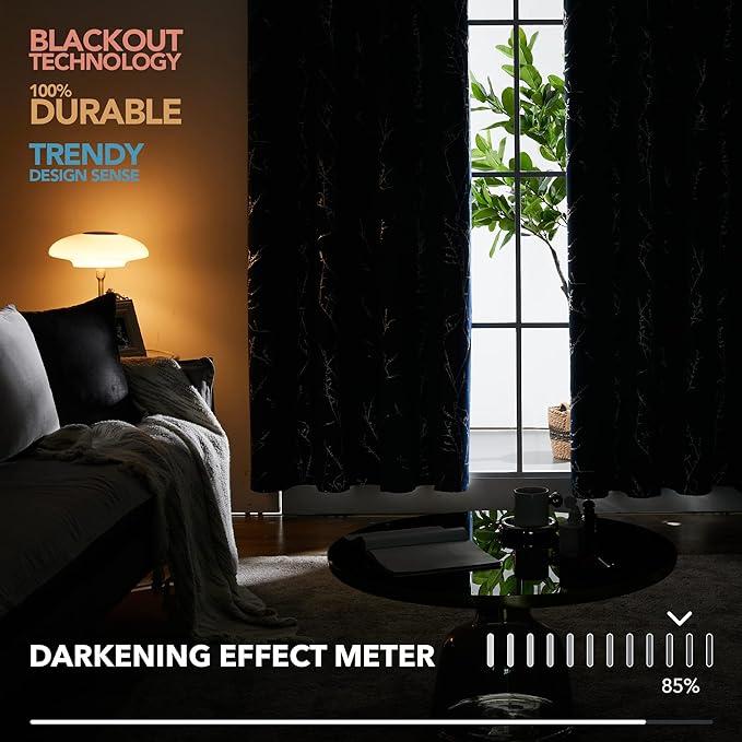 Deconovo Black Blackout Curtains, Thermal Insulated Soundproof Privacy Curtain Drapes, Branch Foil Print, 42 x 84 Inch Long, 2 Panels, Machine‑Washable Window Panel for Bedroom Living Room Office Home