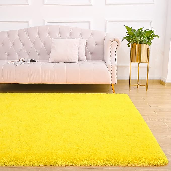 Amearea Shag Fluffy Area Rug for Bedroom Girls Living Room, Extra Soft and Fuzzy Shaggy Rugs, Non Slip, Solid Color Carpet Mat for Boys Nursery Home, Yellow 6x9 Feet