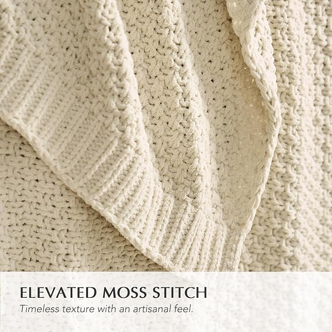 EVERGRACEHOME Chunky Chenille Knit Throw Blanket for Couch, Soft Luxurious Moss Stitch Blankets for Bed, Cozy Decorative Farmhouse Knitted Throws for Sofa, Beige, 60" x 80"