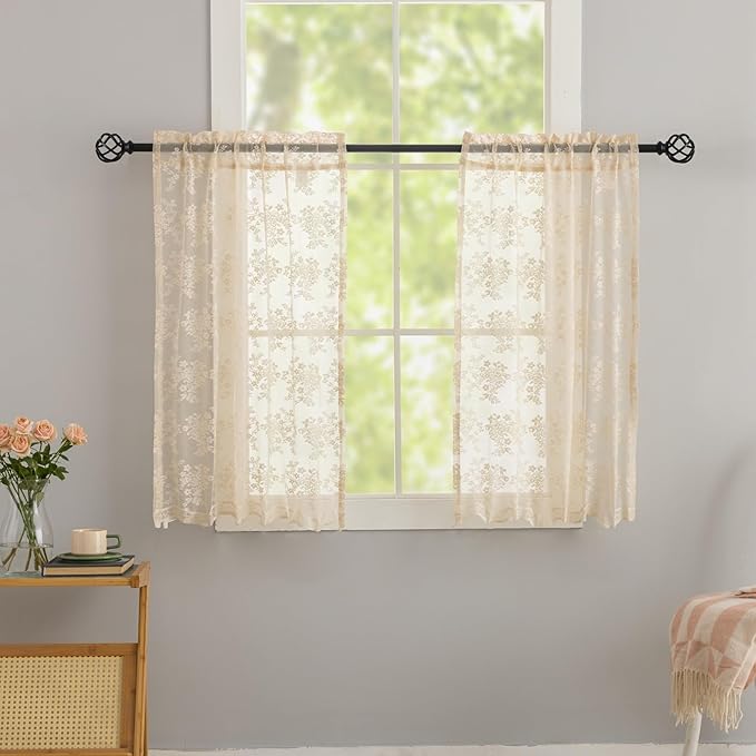 YJ YANJUN Vintage Lace Curtains 36 inch Length - Beige Short Cafe Kitchen Window Curtains Over Sink 2 Panels, Scalloped Edges, Light Filtering, Rv Curtain for Camper Windows Each W26xL36 Inch