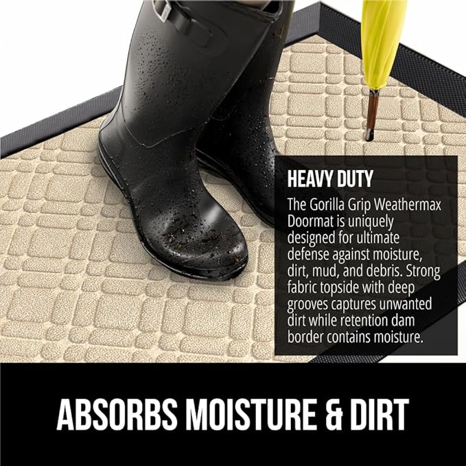 GORILLA GRIP 100% Waterproof All-Season WeatherMAX Doormat US Designed Natural Rubber, Stain and Fade Resistant, Low Profile Indoor Outdoor Door Mats, Easy Clean Patio Mat, 29x17, Modern Latte