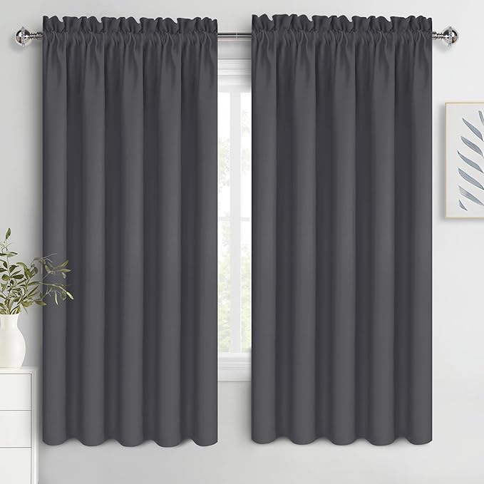 DWCN Bedroom Blackout Curtains 60 x 63 Inches Length 2 Panels Set, Solid Thermal Insulated Energy Saving Rod Pocket Window Treatment Curtains Blackout Drapes (W60 x L63 Inch, Dark Grey)