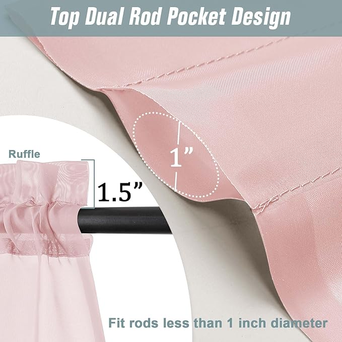 Blush Pink Small Sheer Curtains Tier 24 Inches Length 2 Pieces, Light Filtering Cafe Curtains for Living Room Bathroom, Modern Window Treatments Dual Rod Pocket Panels, 2X42Wx24L Inches
