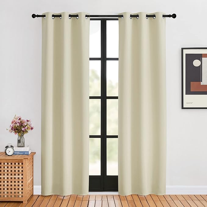 NICETOWN Blackout Beige Curtains 80 inch Long for Bedroom, Set of 2, W34 x L80, Thermal Insulated Solid Grommet Vertical Drapes Room Darkening Drapes for Living Room