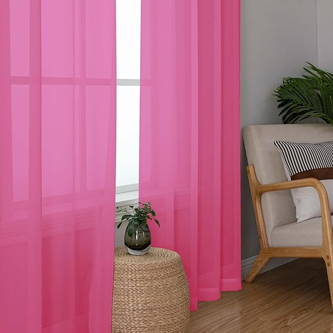 OWENIE Hot Pink Sheer Curtains for Bedroom Living Room 54 Inch Length 2 Panels Set, Soft Solid Light Filtering Sheer Short Curtains for Small Window, 2 Pcs Total 84 Width 54 Long, Hot Pink