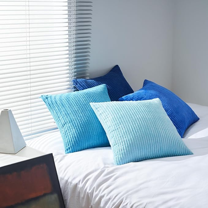 Topfinel Decorative Throw Pillow Covers Aque Teal Blue Series,Summer Corduroy Striped Toss Pillows for Couch,Patio,Balcony,Children Bedroom,Modern Fluffy Blue Gradient Shams 20x20 Inch Set of 4
