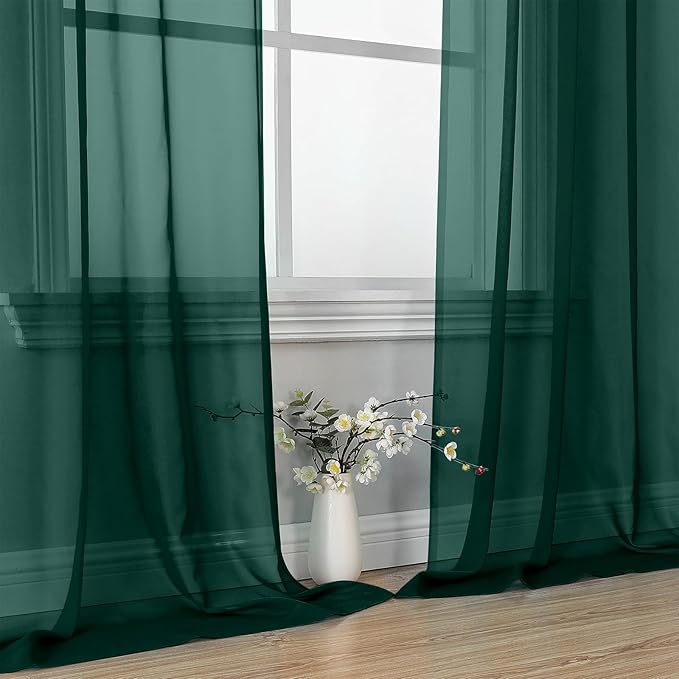 OVZME Hunter Green Sheer Curtains 96 Inches Long 2 Panels - Soft Light Filtering Window Sheer Panels for Living Room/Bedroom, Top Dual Rod Pocket, 1 Pair, Each 42Wx96L Inches