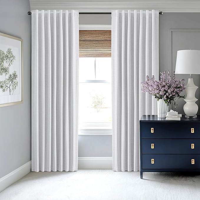 MIULEE 100% Blackout Linen Curtains for Bedroom, Grayish White Solid Luxury Decor Thermal Insulation Room Darkening Drapes for Living Room Nursery Back Tab Rod Pocket 42 x 63 Inches, 2 Panels