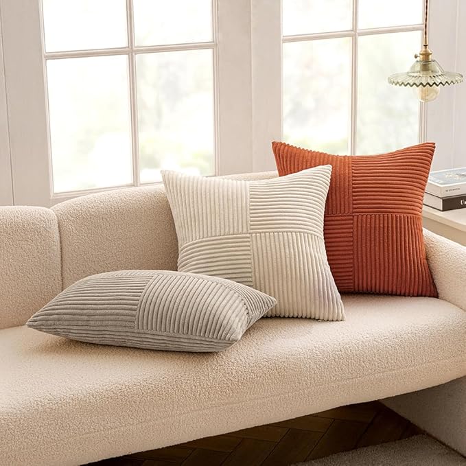 MIULEE Light Brown Decorative Throw Pillow Covers 20x20 Inch for Couch Bed Sofa Pack of 2 Boho Neutral Farmhouse Throw Pillows Soft Cross Corduroy Patchwork Textured Cushion Cases