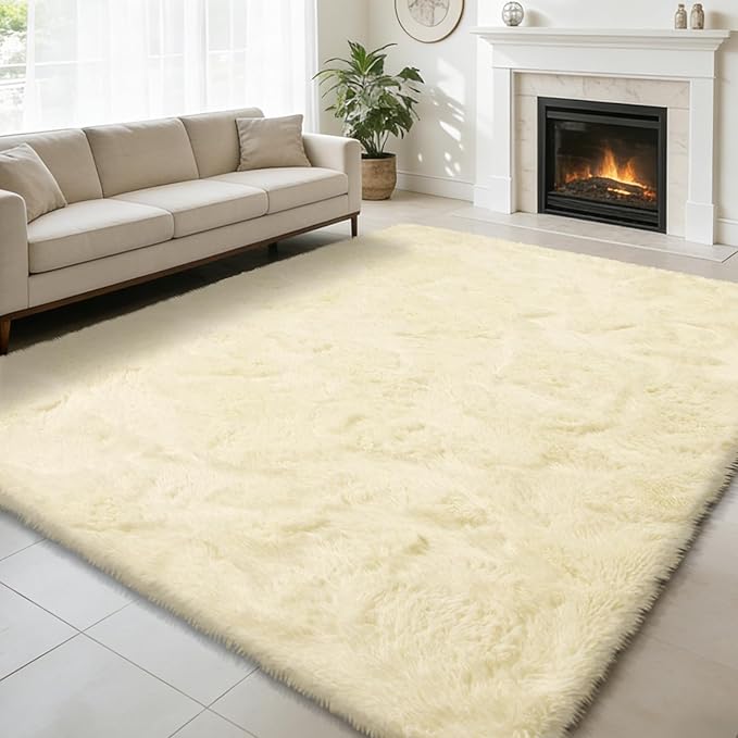 6x9 Fluffy Area Rug for Living Room,Shag Area Rugs for Bedroom,Ivory Soft Fuzzy Rug Non-Shedding Indoor Plush Carpet for Kids Bedroom Nursery Dorm Home Decor