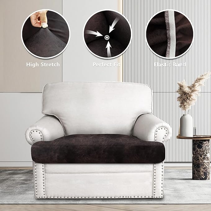 Leather Look Couch Cushion Covers Sofa Seat Slipcovers Sets Couches Furniture Protector for Sectional Armchair Loveseat Pets Kids Stretch Spandex Fabric (1 T-Cushion Armchair, Chocolate)