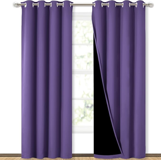 NICETOWN Total Shade Curtains and Draperies, Heavy-Duty Full Light Shading Drapes with Black Liner Backing for Villa/Hall/Dorm Window(Lilac Purple, Package of 2, 52 inches Wide x 95 inches Long)