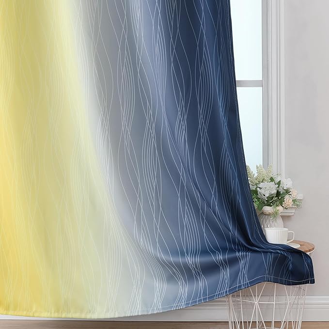 Estelar Textiler Navy Blue and Yellow Ombre Blackout Curtains 102 Inches Long for Bedroom, Thermal Insulated Full Room Darkening Grommet Gradient Drapes for Living Room, 52Wx102L, 2 Panels