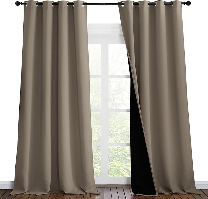NICETOWN 100% Blackout Blinds, Set of 2, 52 inches x 120 inches, Laundry Room Decor Window Treatment Curtains for Large Patio Sliding Door, Thermal Insulated Taupe Curtains for Bedroom